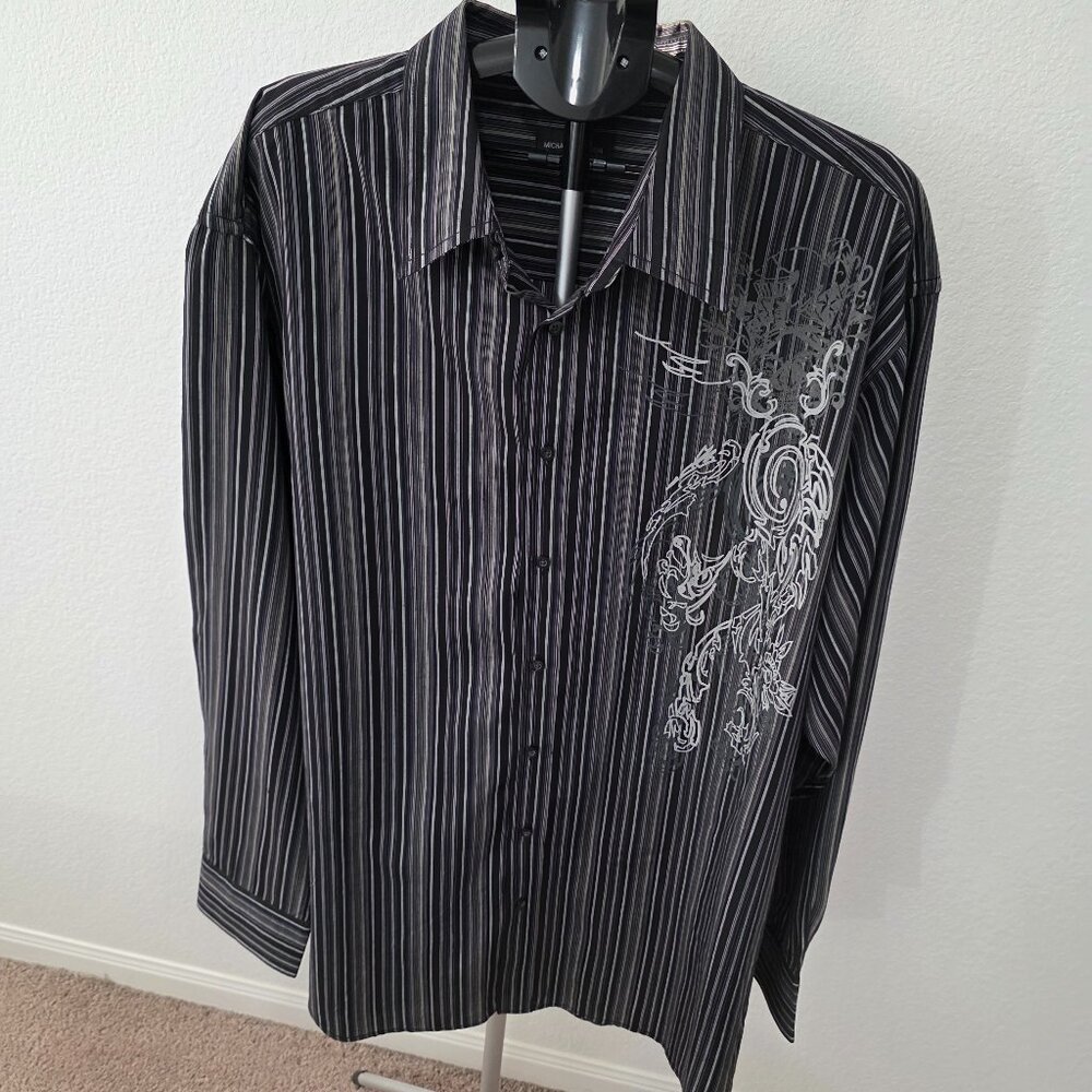 MICHAEL BRANDON MEN 4XLT BLACK WITH SILVER STRIPE LONG SLEEVE SHIRT WITH DESIGN